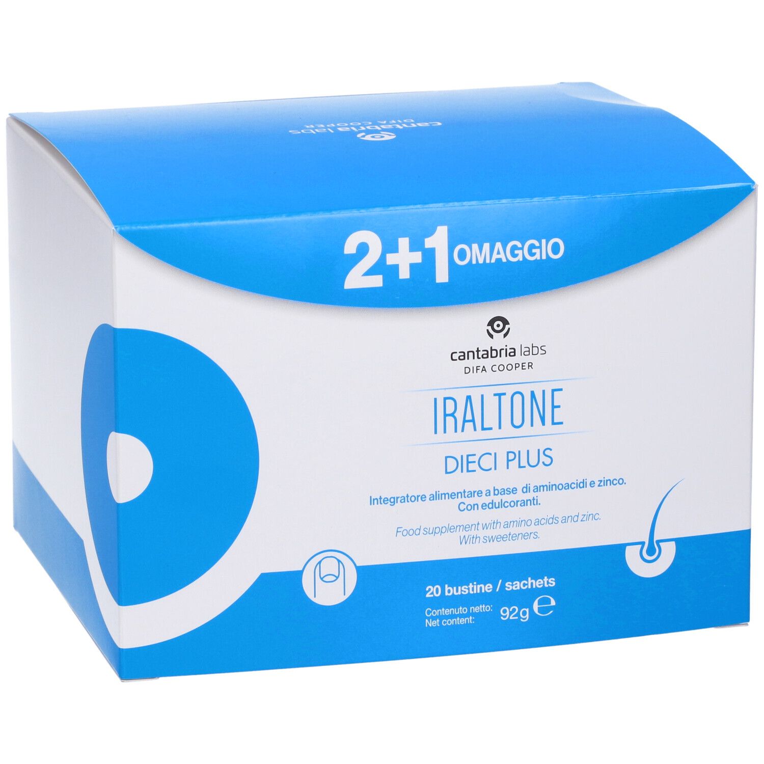 Confezione del prodotto con nome e logo. Confezione blu e bianca con stampa 2+1 omaggio.