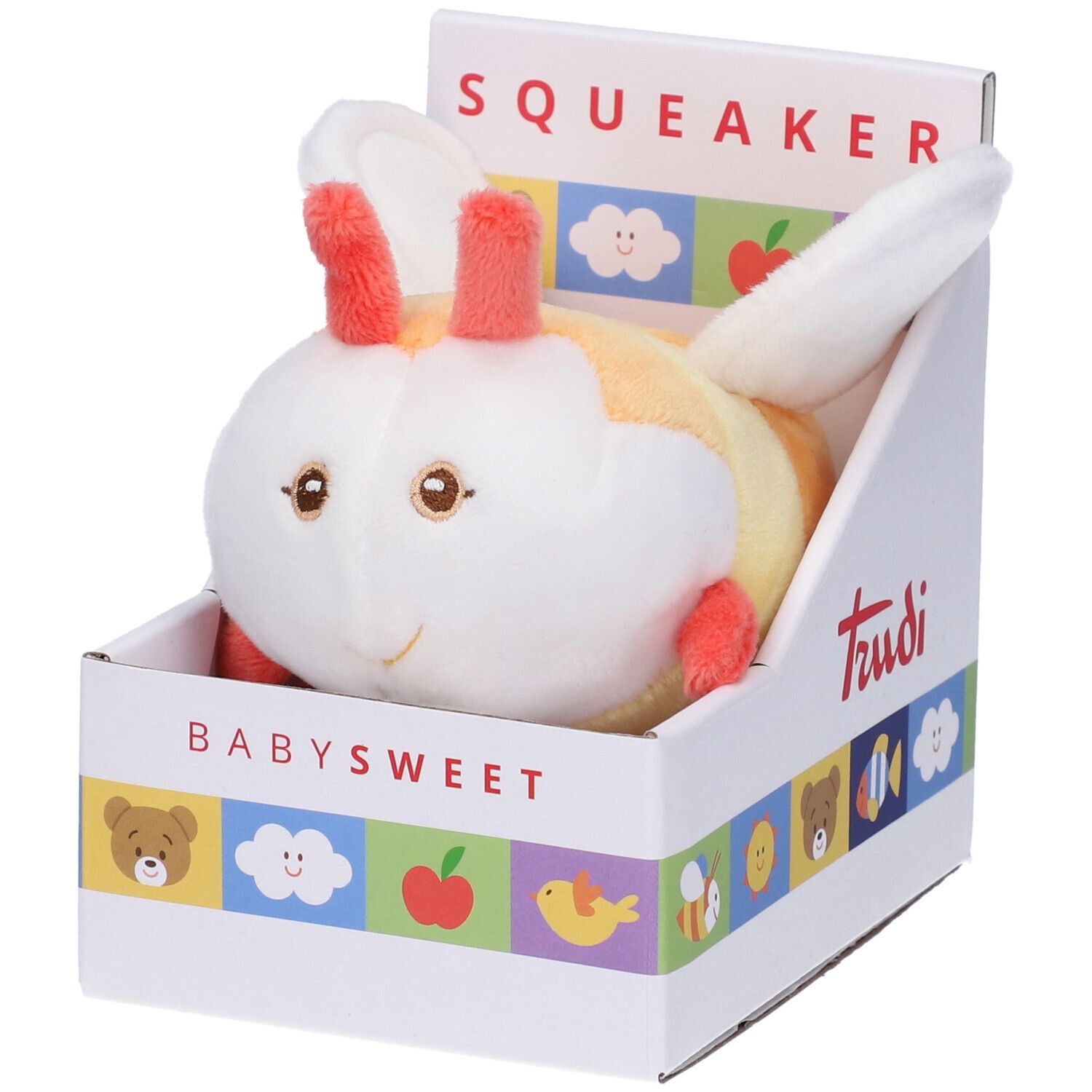 Scimmia di peluche bianca e arancione in scatola. Scritte: SQUEAKER, BABYSWEET, Trudi. Con orecchie e dettagli rossi.