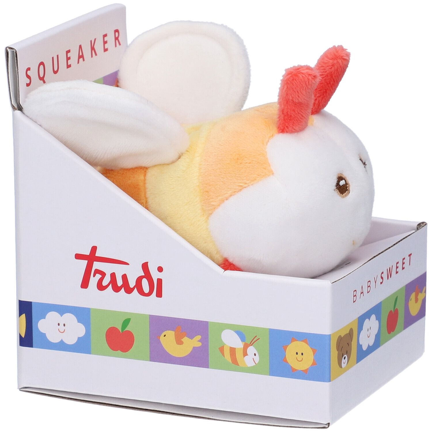 Scimmia di peluche bianca e arancione in scatola. Scritte: SQUEAKER, Trudi, BABYSWEET. Con orecchie e dettagli rossi.