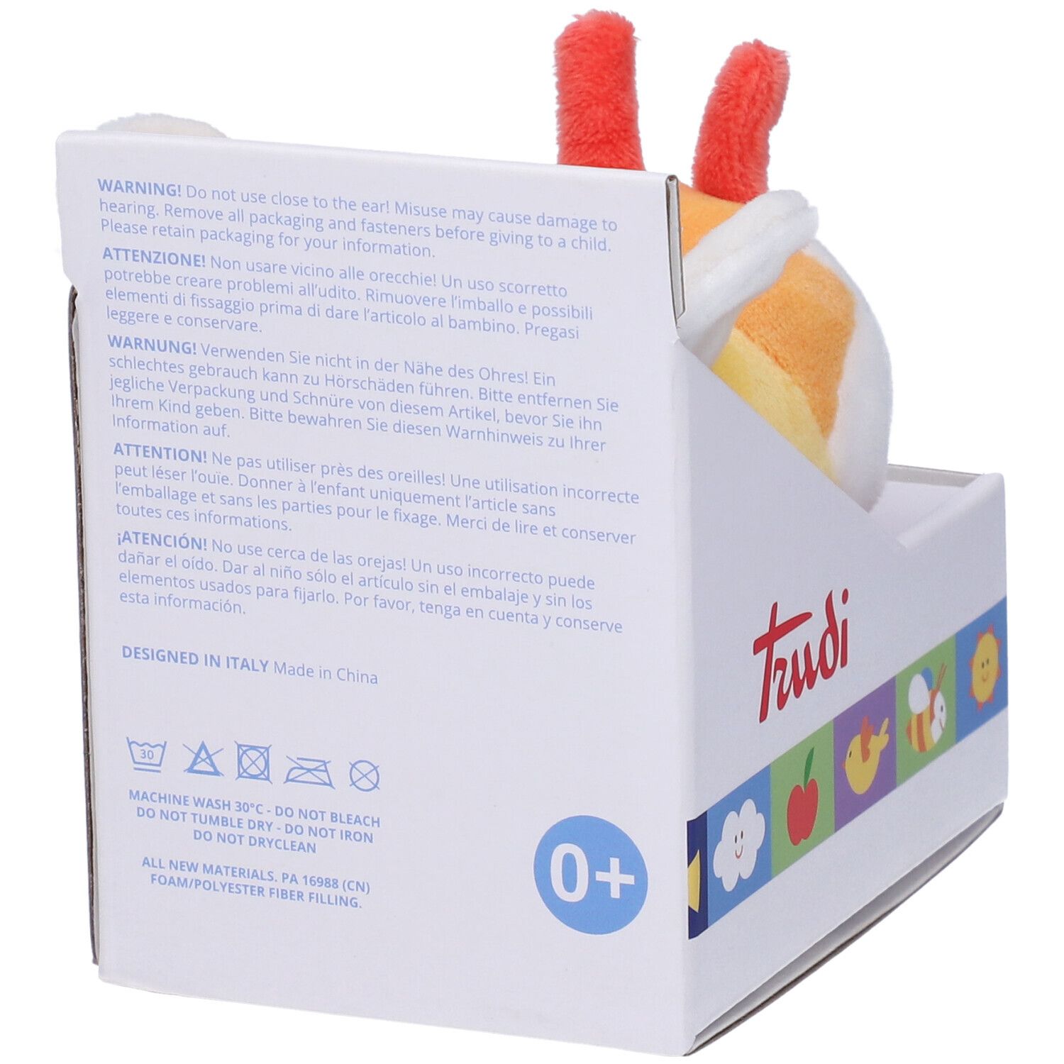 Retro della confezione del prodotto. Testo: Avvertenze multilingue, logo Trudi, segno 0+. Prodotto in Cina.