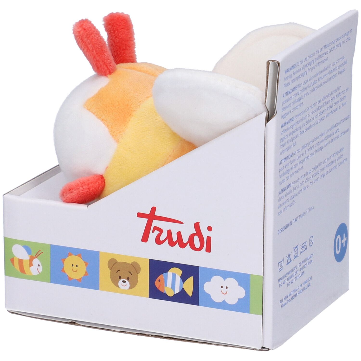 Scimmia di peluche bianca e arancione in scatola. Scritta: logo Trudi, segno 0+. Con orecchie e dettagli rossi.