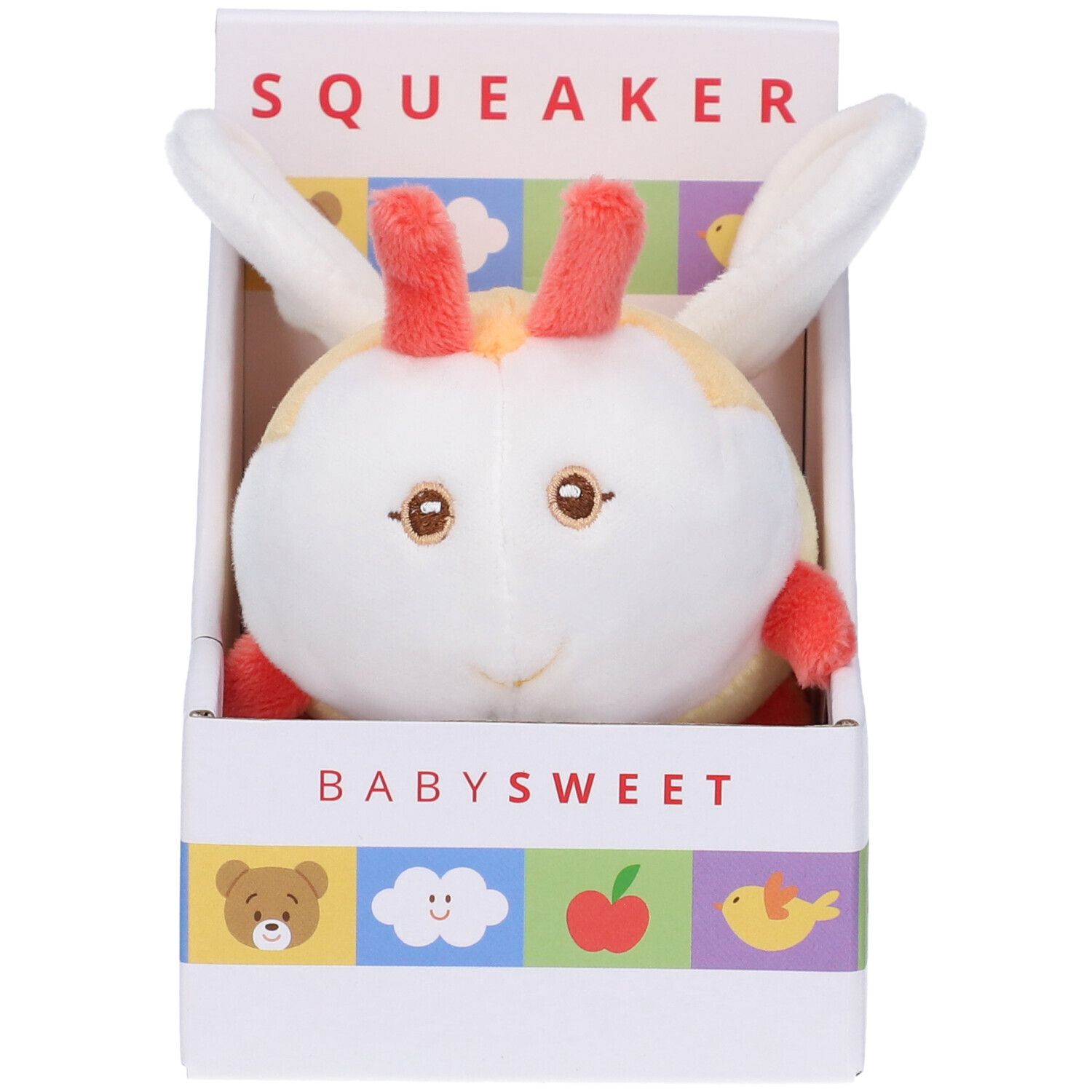 Scimmia di peluche bianca e arancione in scatola. Scritte: SQUEAKER, BABYSWEET. Con orecchie e dettagli rossi.