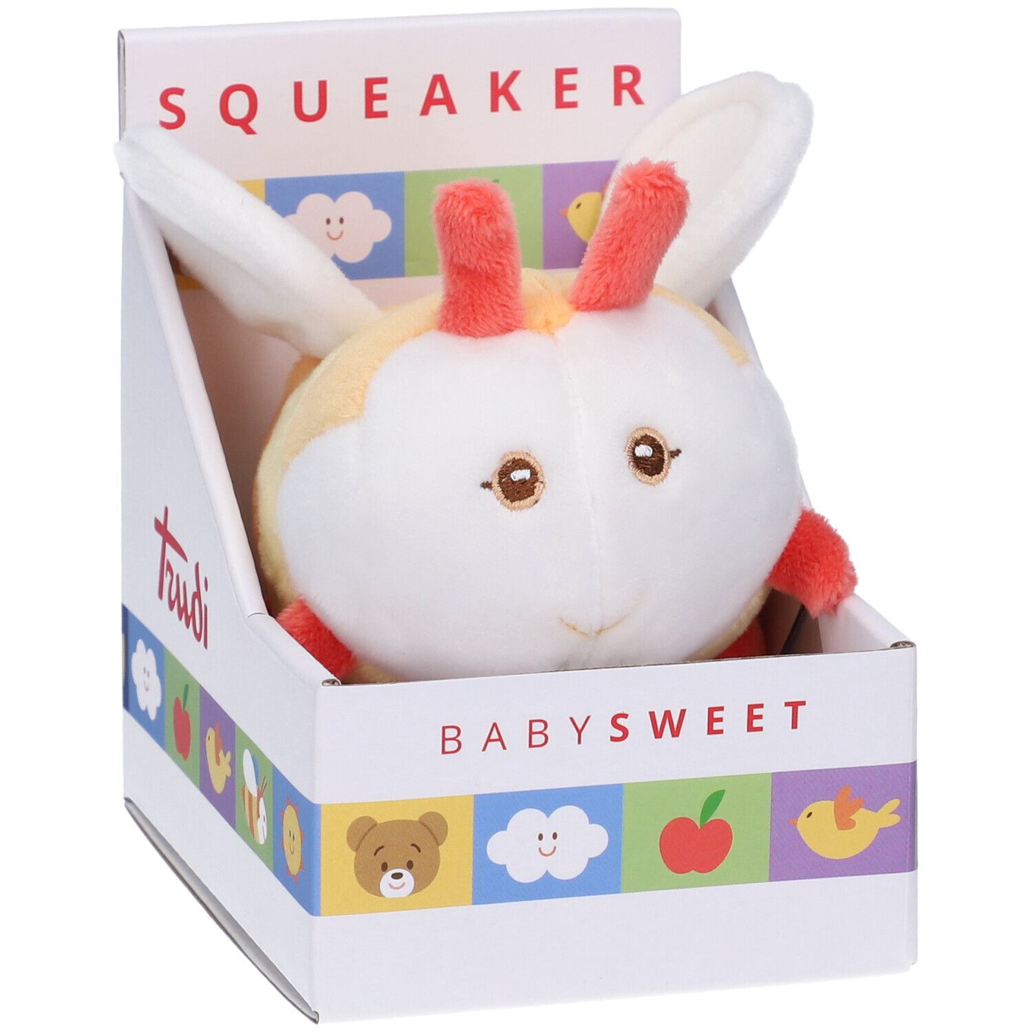 Scimmia di peluche bianca e arancione in scatola. Scritte: SQUEAKER, BABYSWEET. Con orecchie e dettagli rossi.