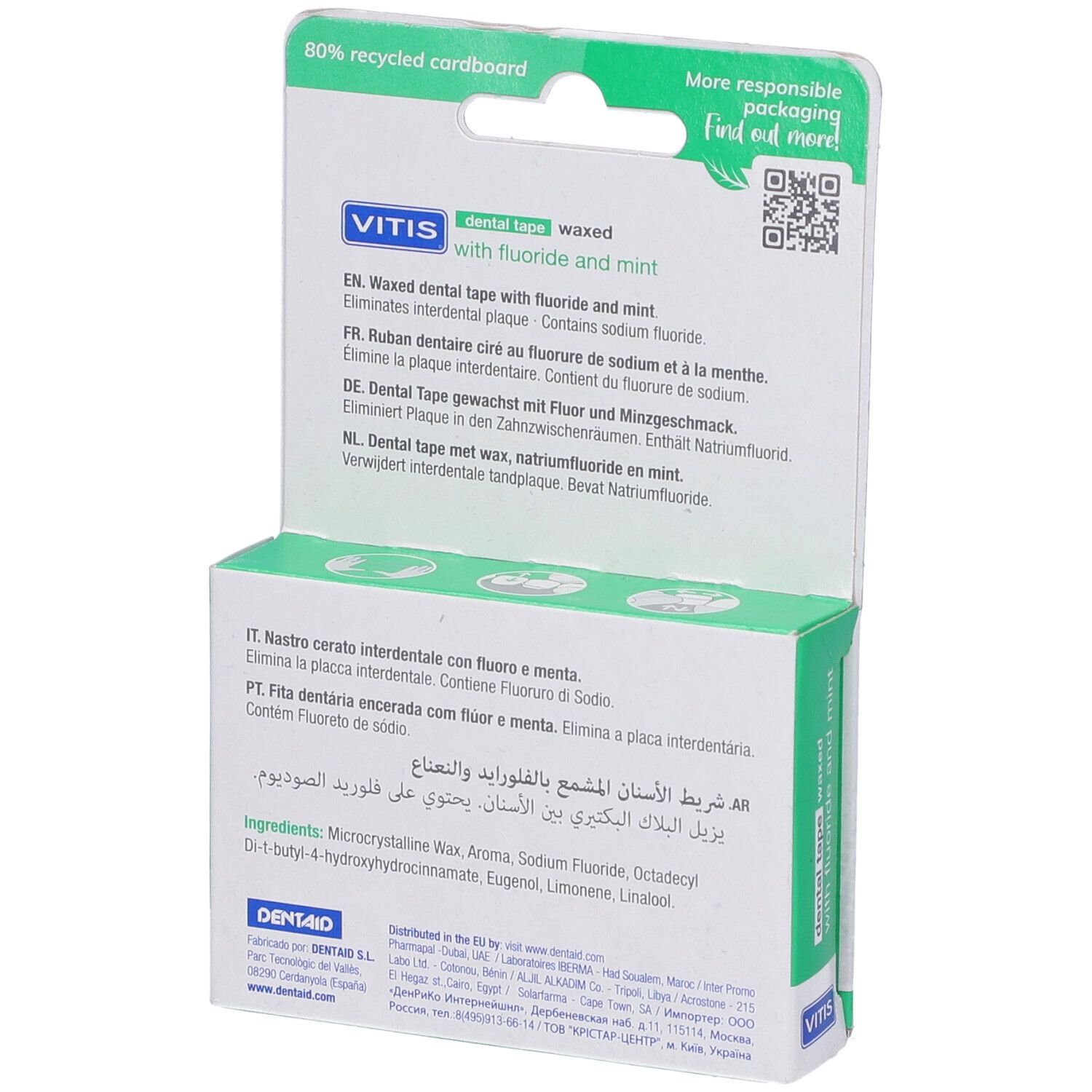Retro della confezione. Filo interdentale VITIS con fluoro e menta. Testo multilingue.