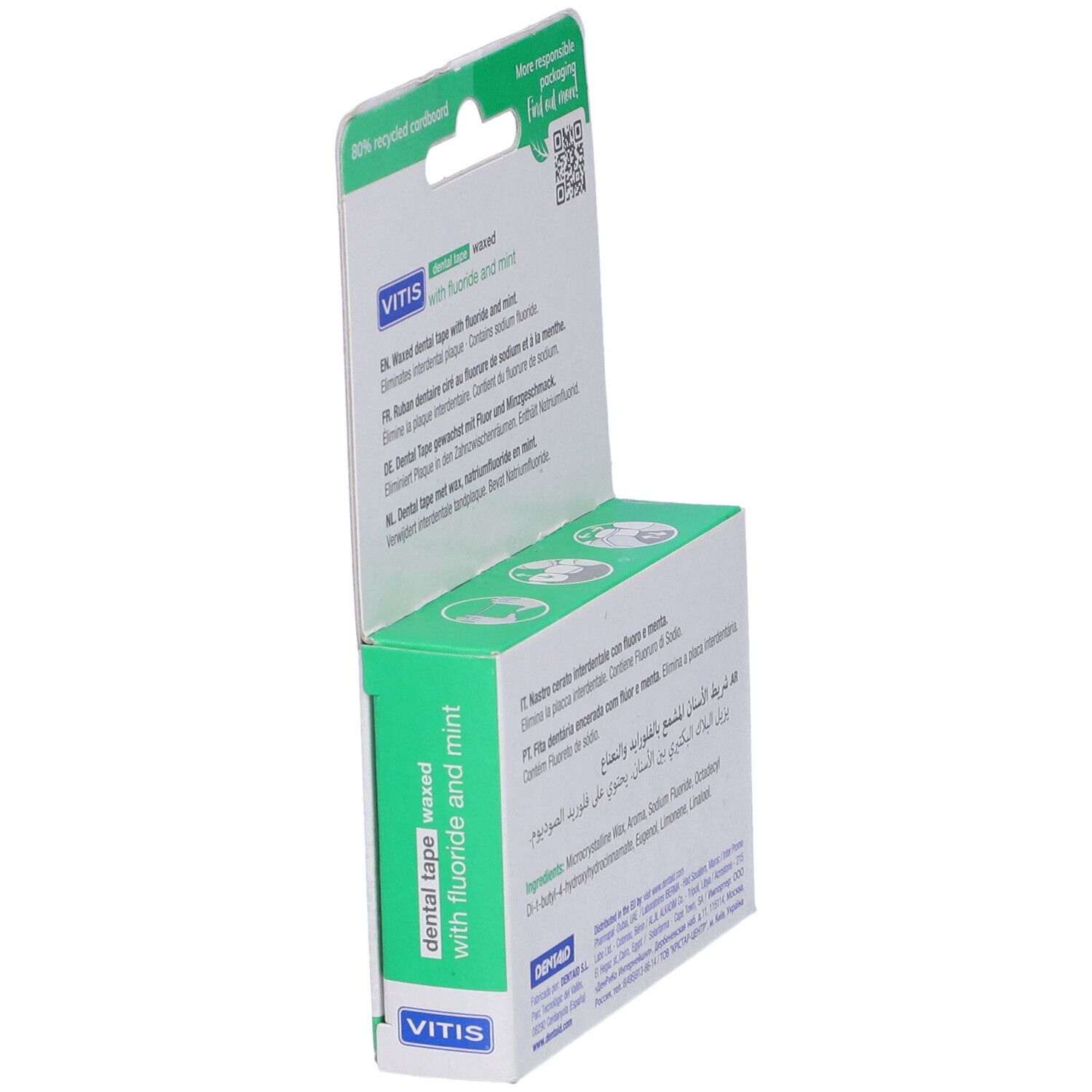Confezione, filo interdentale VITIS con fluoro e menta. Testo multilingue.