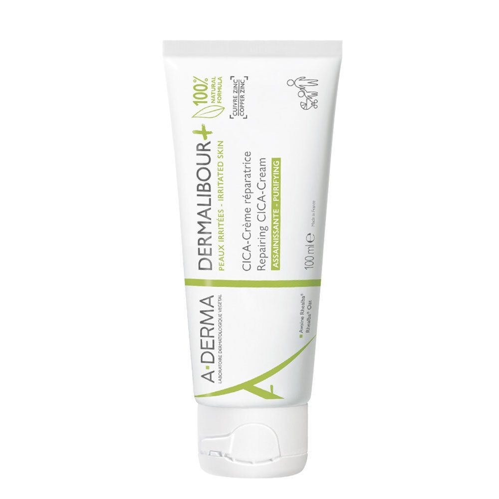 Tubo bianco con testo verde. Contiene CICA-Crème, formula naturale al 100%. Marchio: A-DERMA.