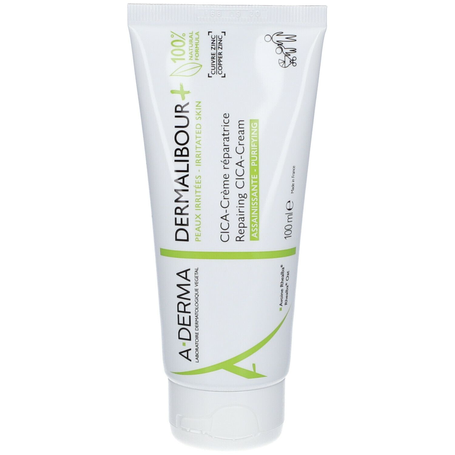 Tubo bianco con testo verde. CICA-Crème, 100% naturale. Marchio: A-DERMA. 100ml.