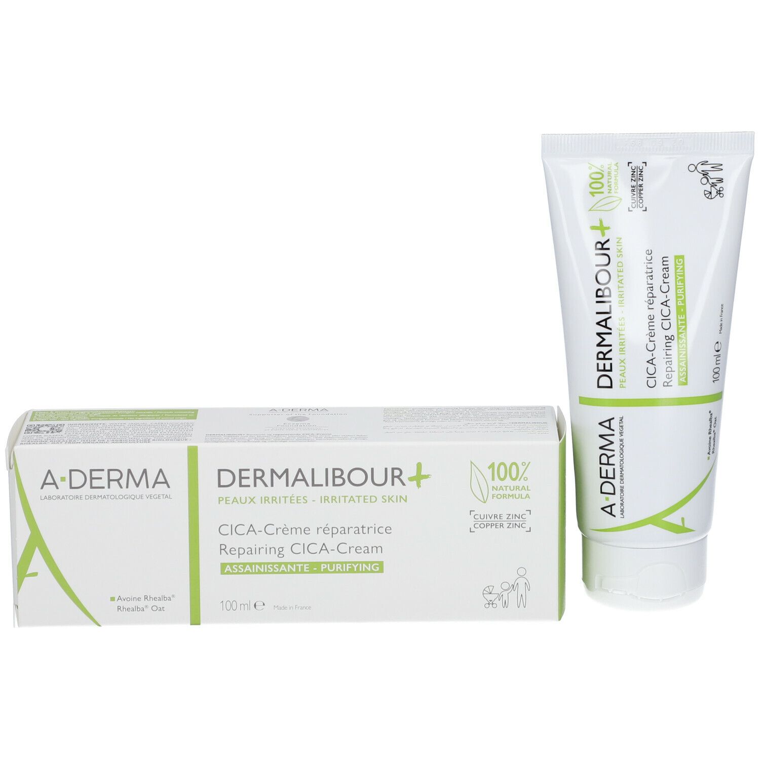 Confezione del prodotto: tubo e scatola. CICA-Crème, 100% naturale. Marchio: A-DERMA. 100ml.