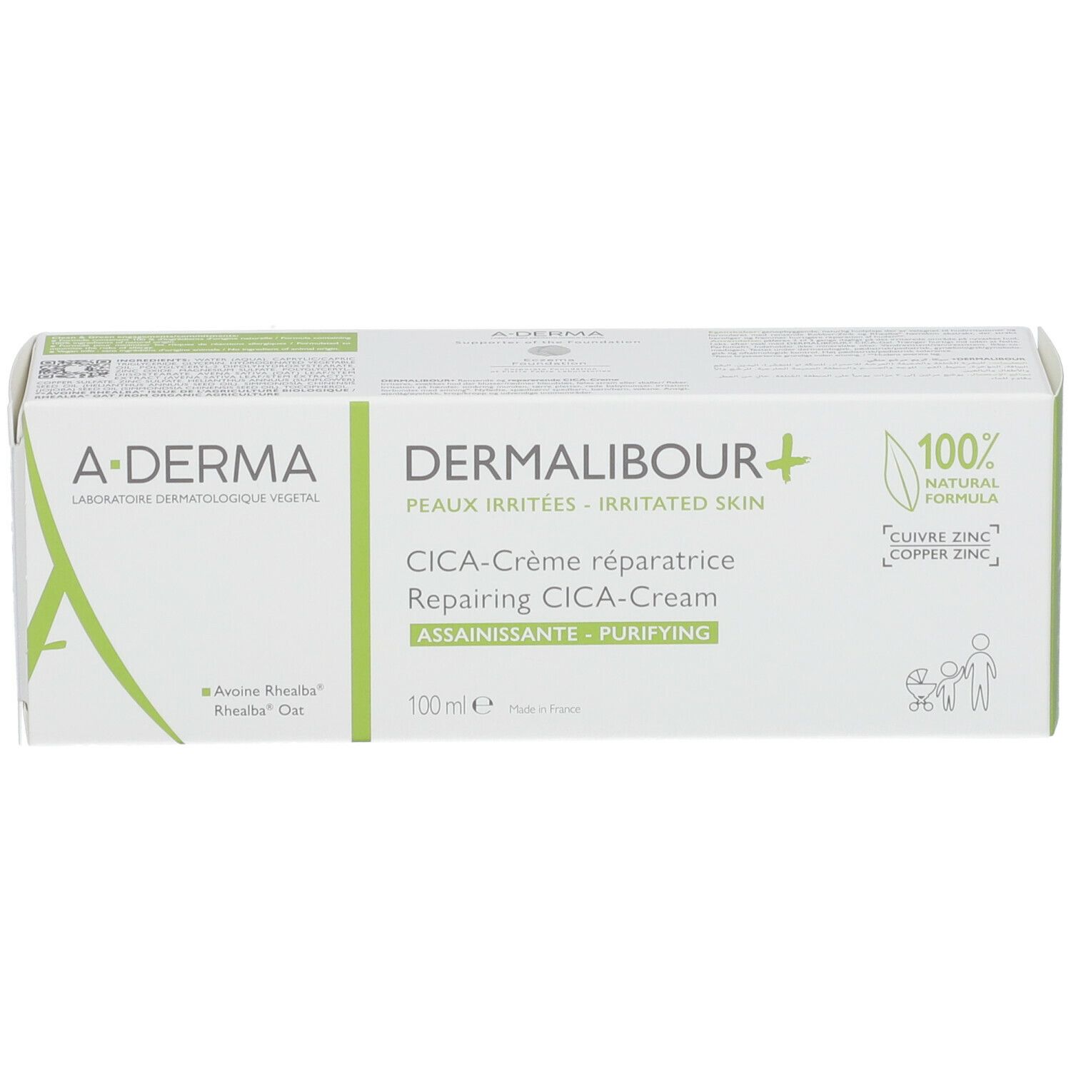 Scatola bianca con testo verde. CICA-Crème, 100% naturale. Marchio: A-DERMA. 100ml.