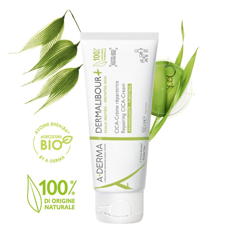 Tubo bianco con testo verde. CICA-Crème, 100% naturale. A-DERMA. Certificazione bio.