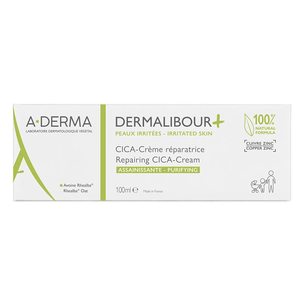 Scatola bianca con testo verde. Contiene CICA-Crème. Marchio: A-DERMA. 100ml. Con pittogrammi.