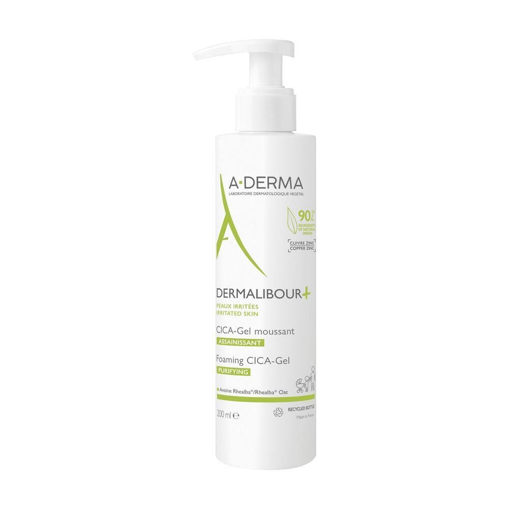 Flacone bianco A-Derma Dermalibour+ Cica Gel con dosatore. Testo e logo. 200ml.
