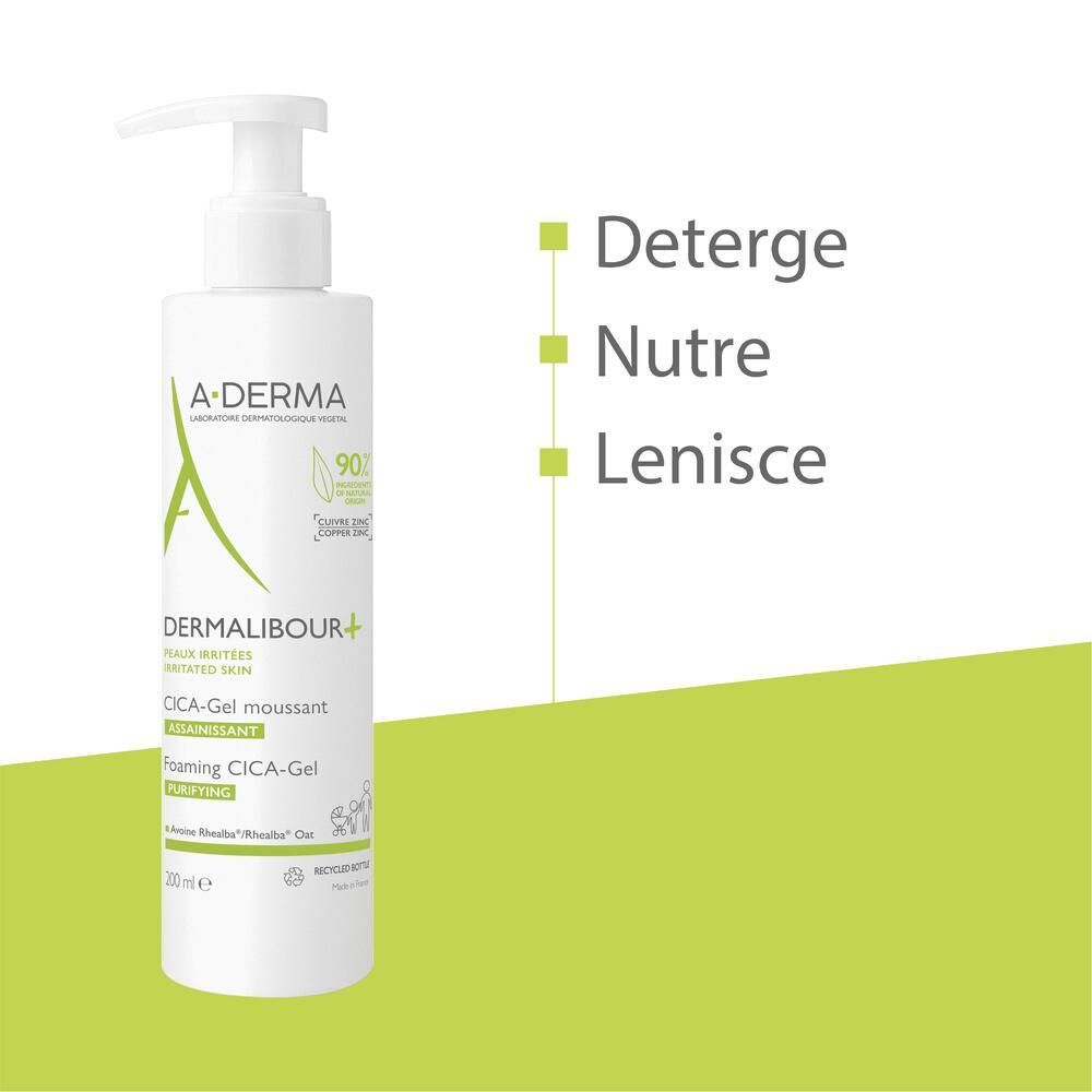 Flacone A-Derma Dermalibour+ Cica Gel. Testo: Deterge, Nutre, Lenisce. Sfondo verde.