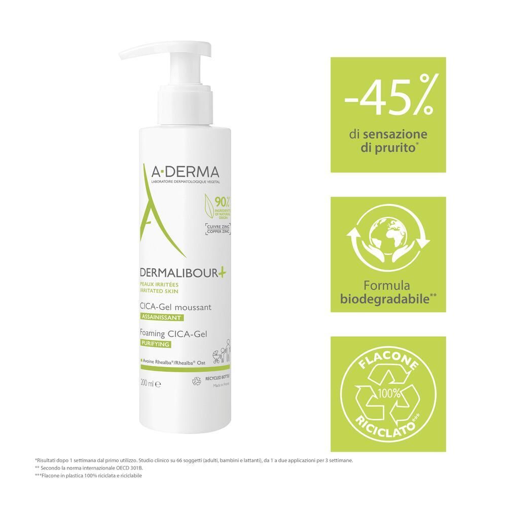 Flacone A-Derma Dermalibour+ Cica Gel. Testo: -45% prurito, biodegradabile, flacone riciclato.