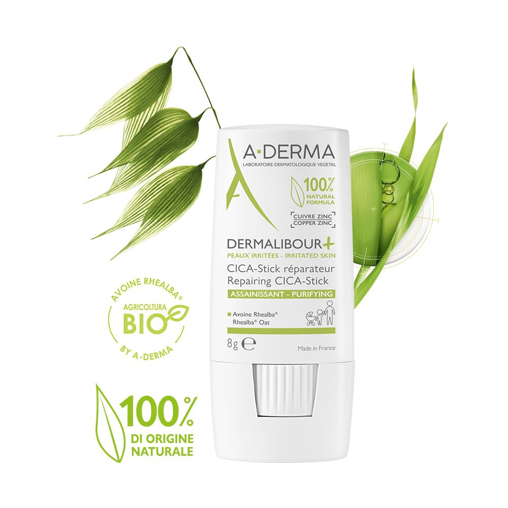 Stick bianco con testo verde. Scritta: Dermalibour+ CICA-Stick. Con certificazione bio.