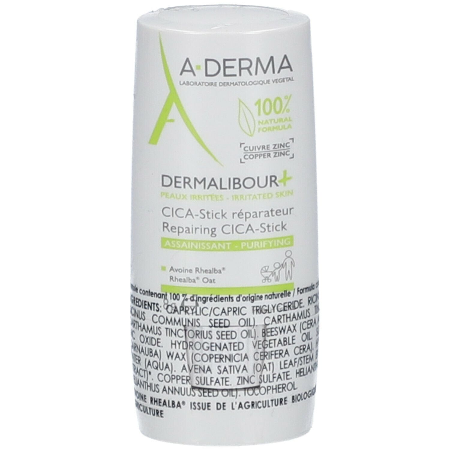Stick bianco con testo verde. Scritta: Dermalibour+ CICA-Stick. Con ingredienti.