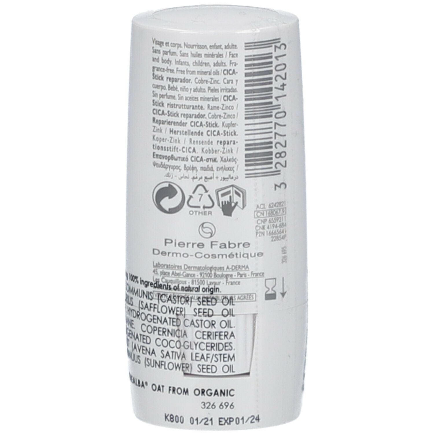Stick bianco con testo verde. Scritta: Dermalibour+ CICA-Stick. Con ingredienti.