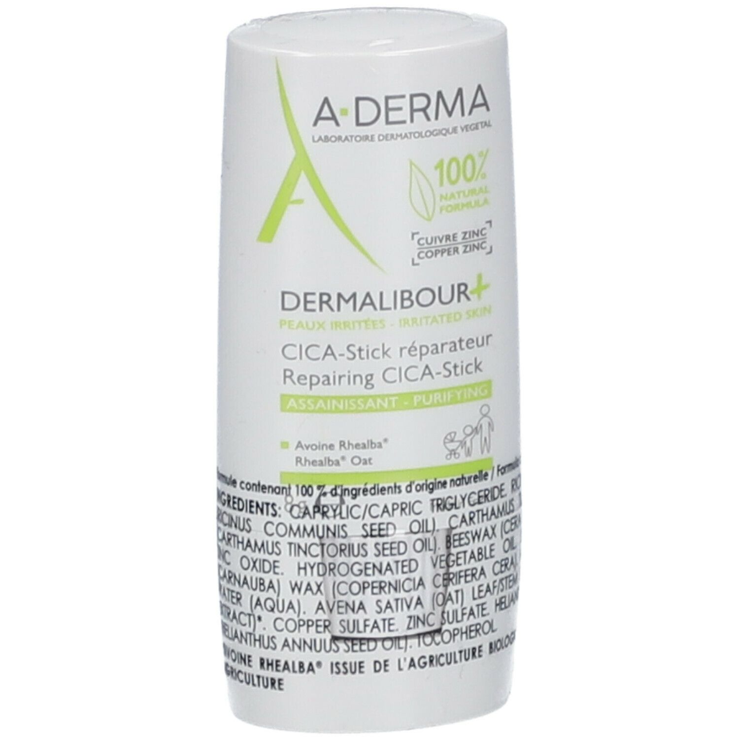 Stick bianco con testo verde. Scritta: Dermalibour+ CICA-Stick. Con ingredienti.