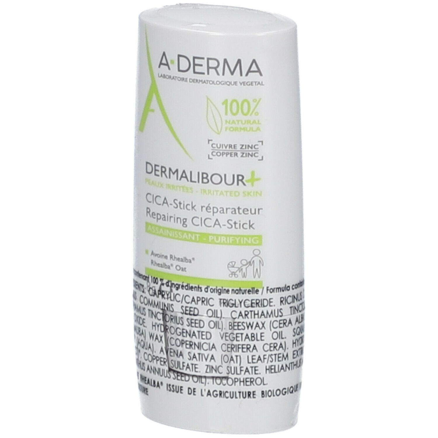 Stick bianco con testo verde. Scritta: Dermalibour+ CICA-Stick. Con ingredienti.