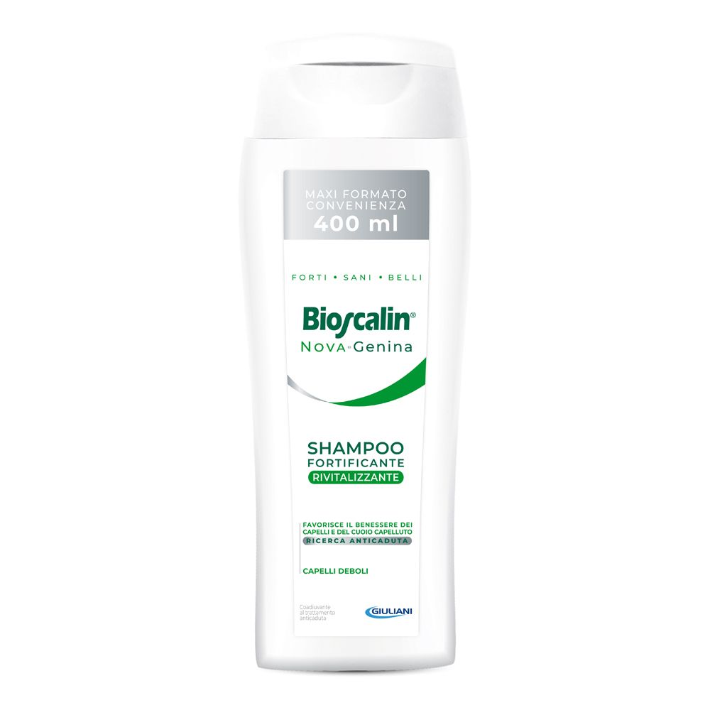 Flacone bianco di shampoo Bioscalin Nova Genina. Contiene 400 ml. Scritta: Shampoo Fortificante Rivitalizzante.