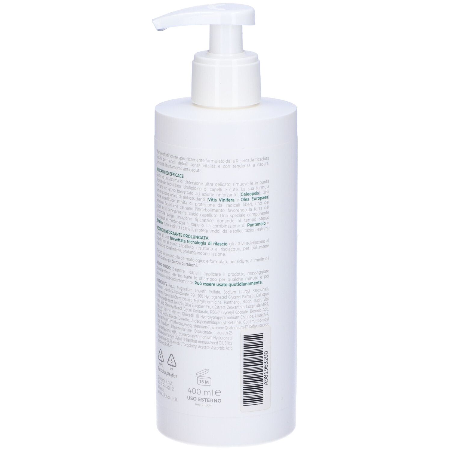 Flacone di shampoo bianco con dosatore a pompa. Testo in italiano. Contiene informazioni sul prodotto e sugli ingredienti.