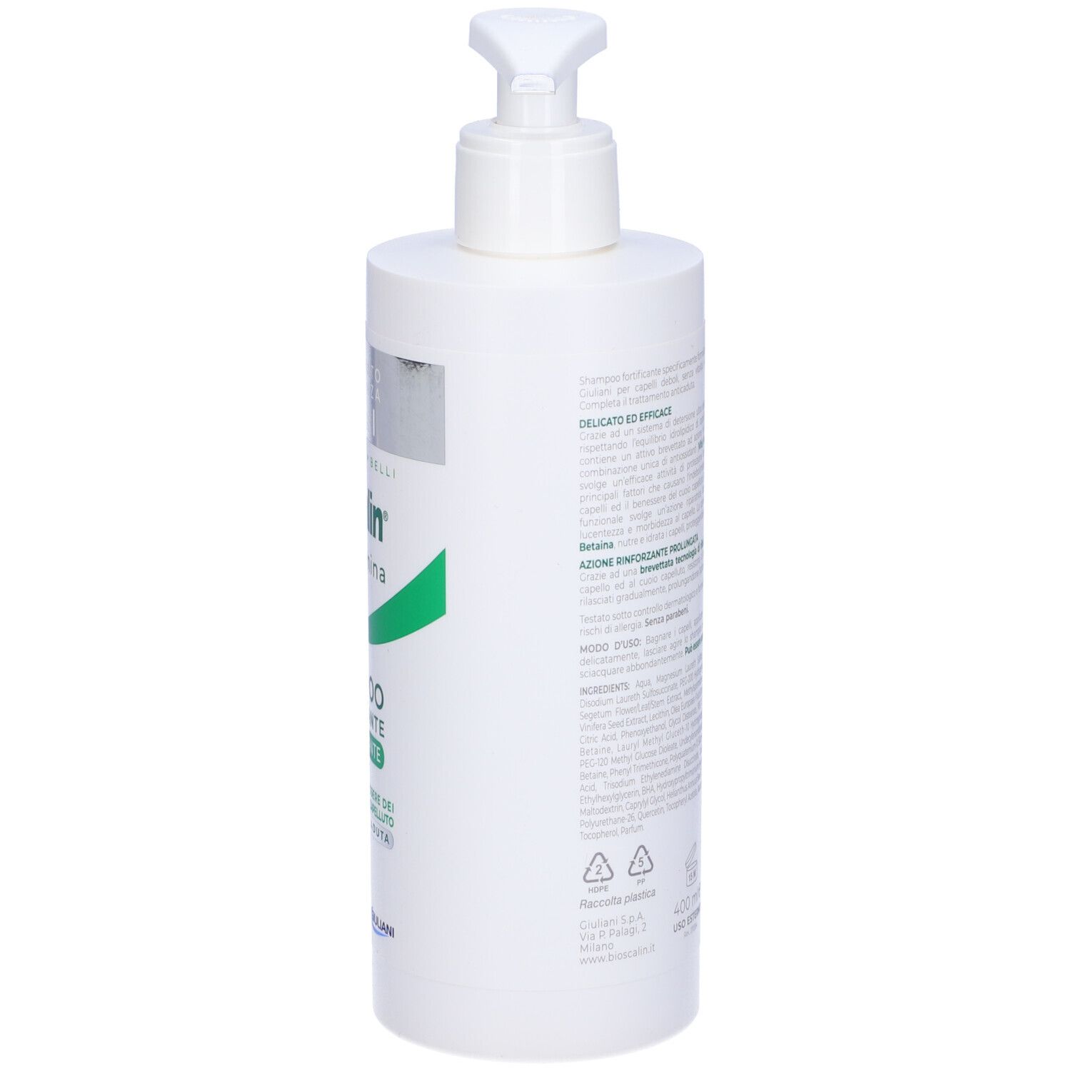 Flacone bianco di shampoo Bioscalin Nova Genina con dosatore a pompa. Scritta: Shampoo Fortificante Rivitalizzante.