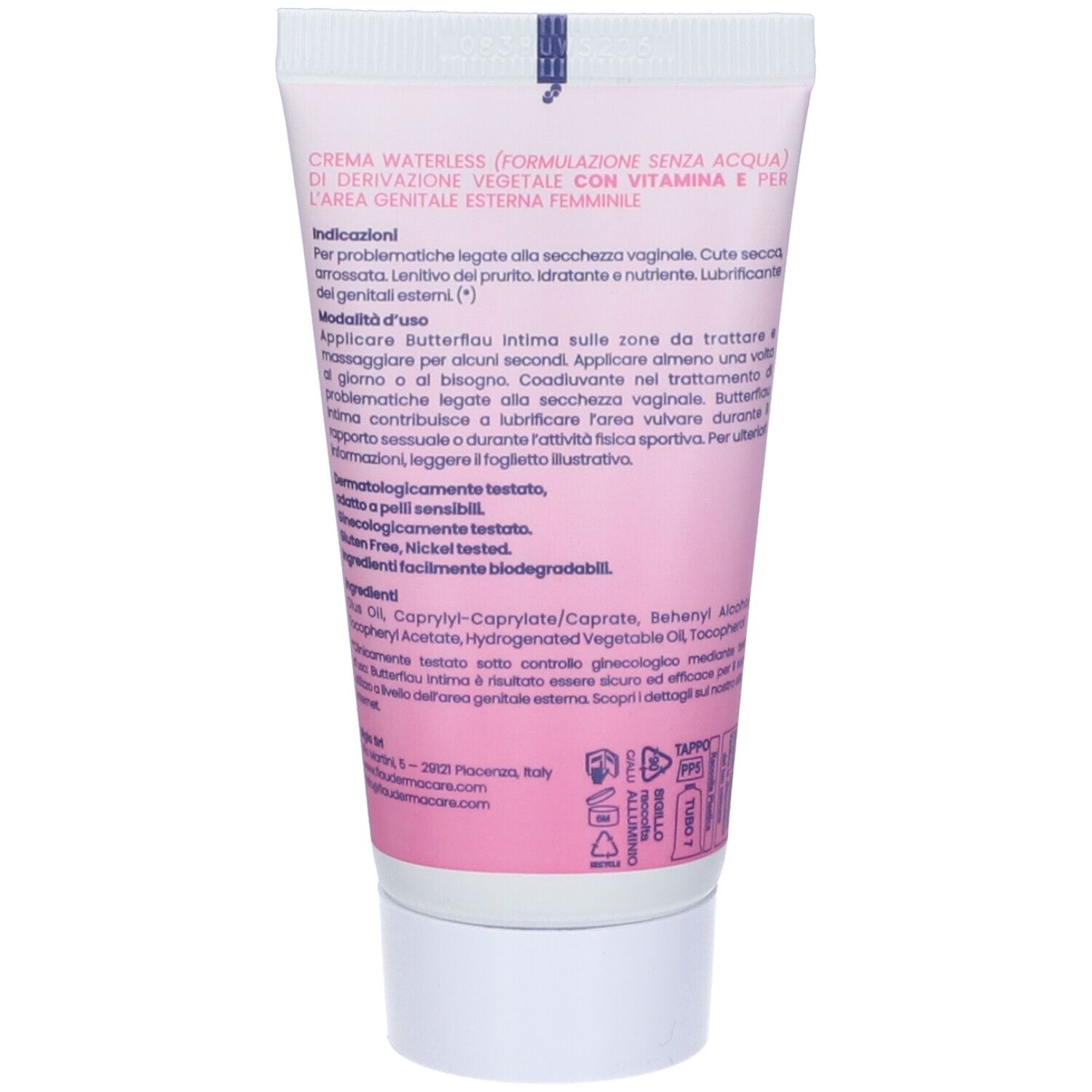 Retro del tubo con informazioni e istruzioni per l'uso. Contiene vitamina E ed è dermatologicamente testato.