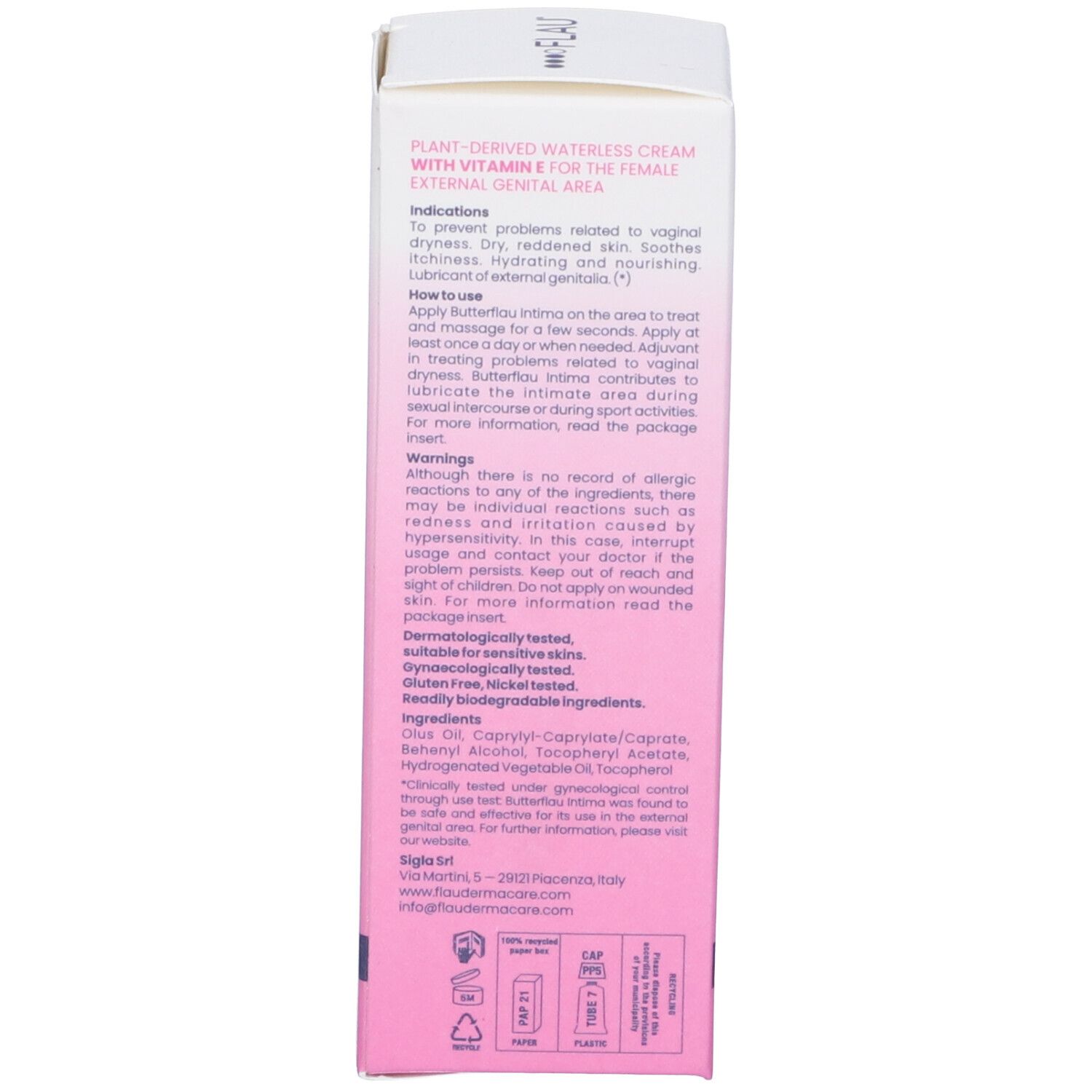 Retro della scatola con informazioni e istruzioni per l'uso. Contiene vitamina E ed è dermatologicamente testato.