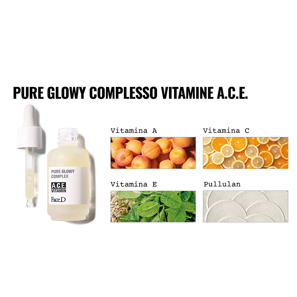 Produktflasche mit Pipette und Zutaten. Aufschrift: Pure Glowy Complex, A.C.E. Vitamin, Face D. Zutaten abgebildet.