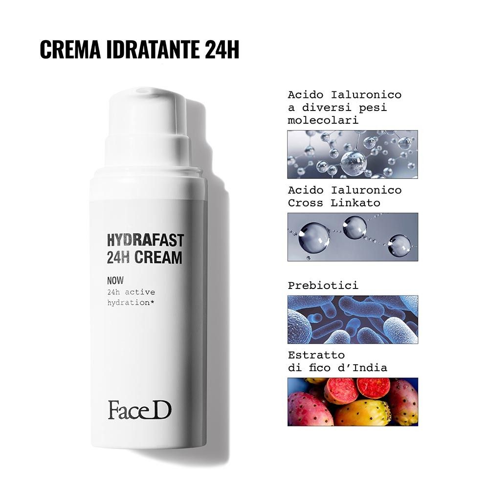 Weiße Creme-Tube. Aufschrift: HYDRAFAST 24H CREAM, Face D. Abbildung von Inhaltsstoffen.