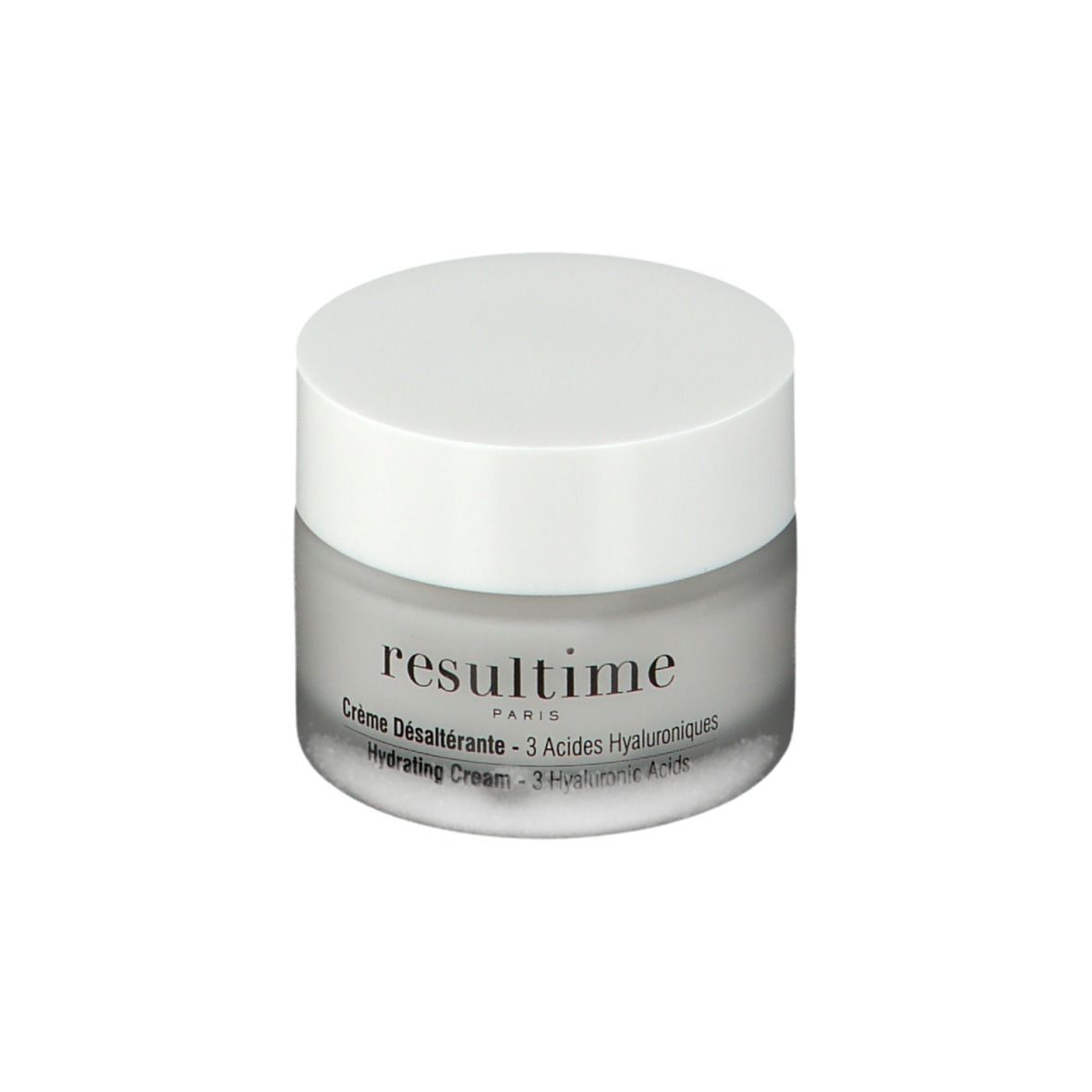 Pot de crème avec couvercle blanc. Inscription: Resultime, Crème Désaltérante, Hydrating Cream.