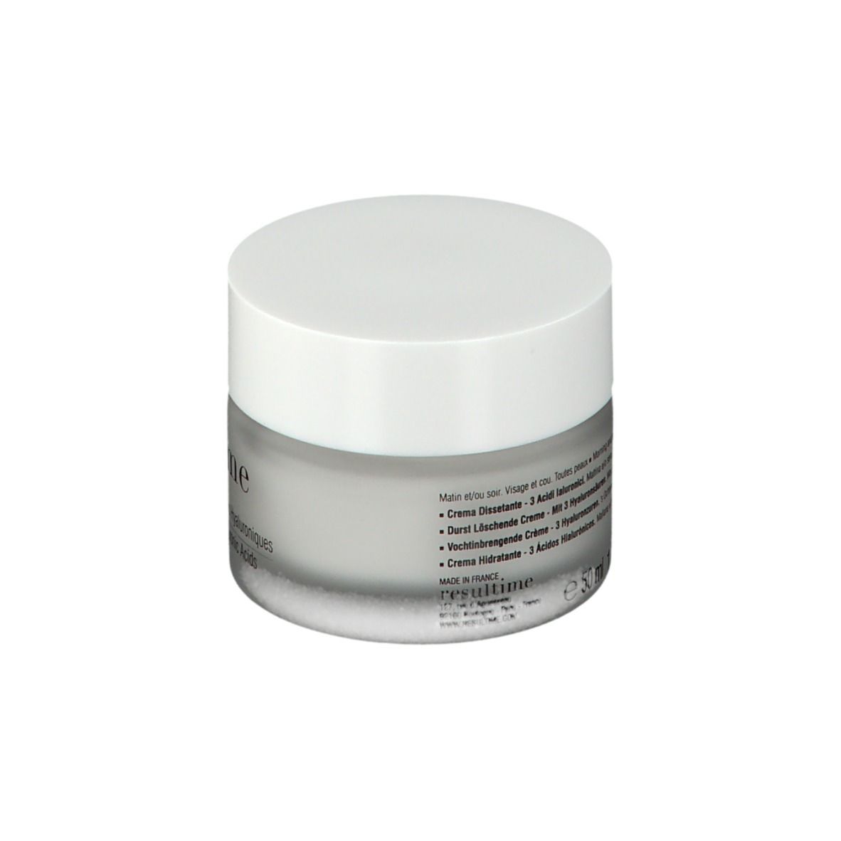 Pot de crème avec couvercle blanc. Inscription: Resultime, Crème Désaltérante, Hydrating Cream.