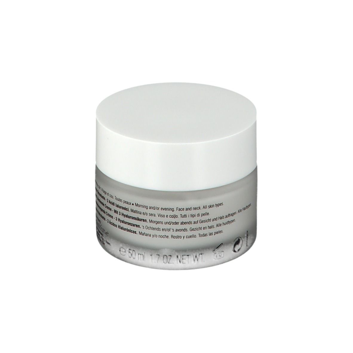 Pot de crème avec couvercle blanc. Inscription: Resultime, Crème Désaltérante, Hydrating Cream.