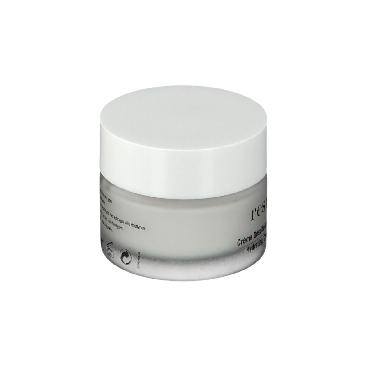 Pot de crème avec couvercle blanc. Inscription: Resultime, Crème Désaltérante, Hydrating Cream.