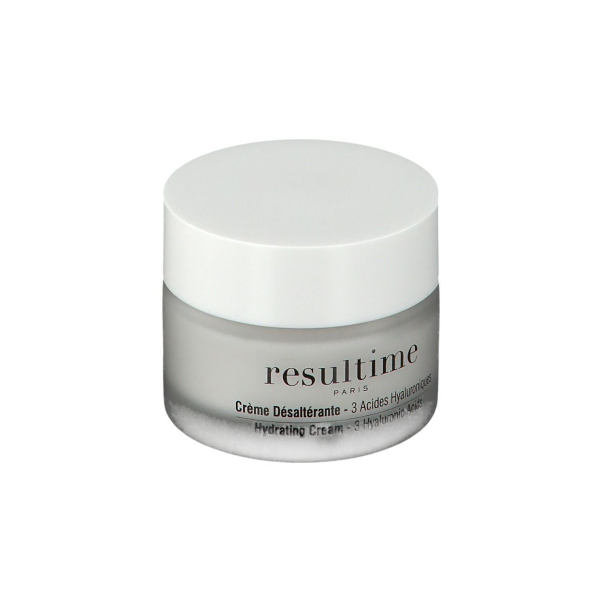 Pot de crème avec couvercle blanc. Inscription: Resultime, Crème Désaltérante, Hydrating Cream.