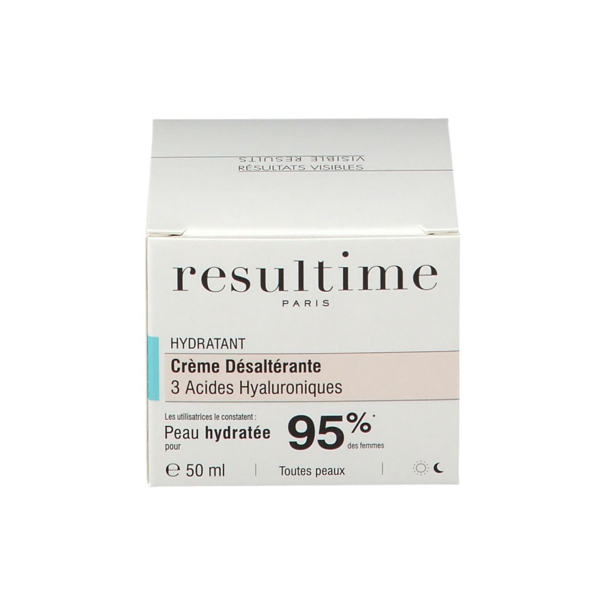 Emballage du produit. Inscription: Resultime, Crème Désaltérante, 95% peau hydratée.