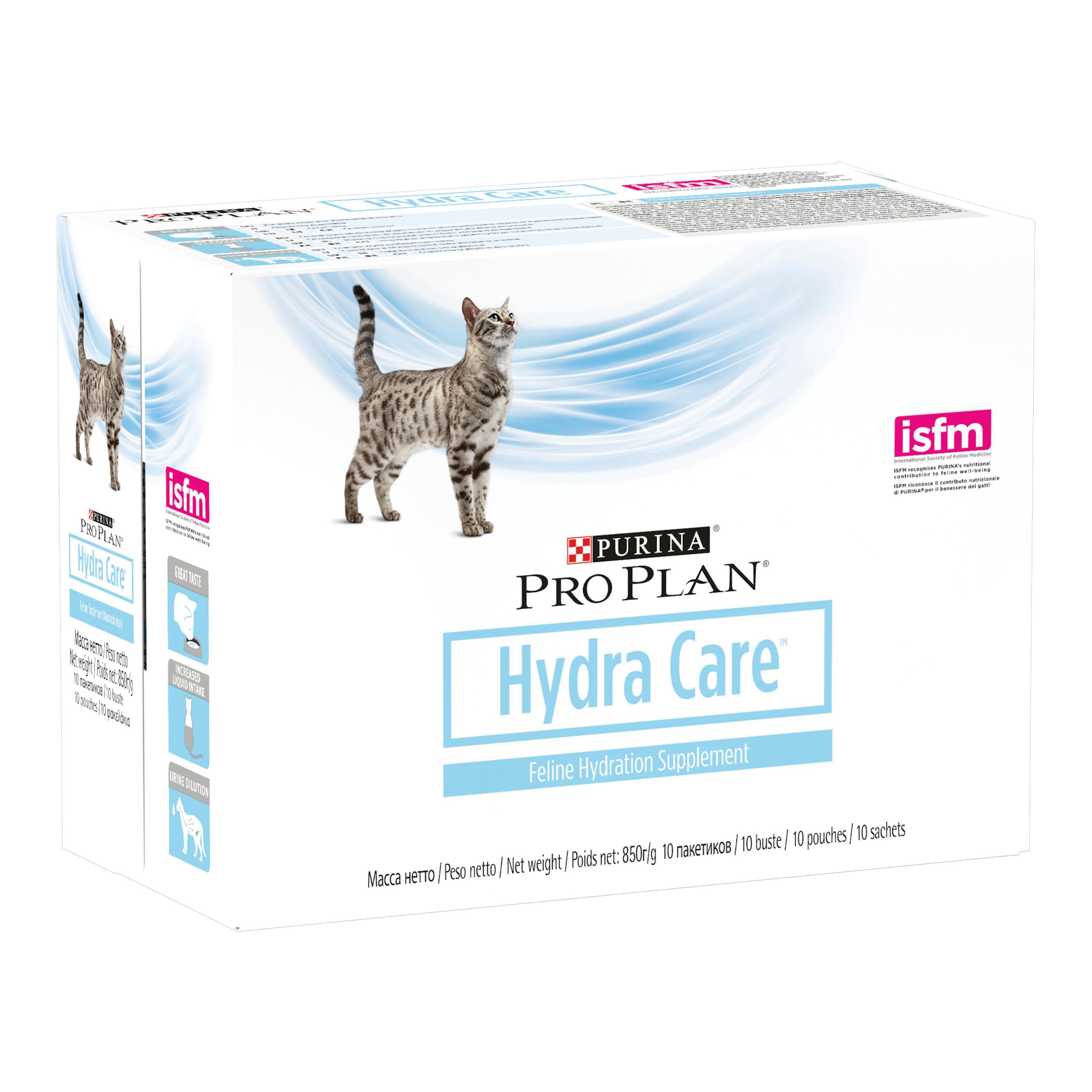 Confezione Pro Plan Hydra Care. Contiene 10 bustine. Scritto: Feline Hydration Supplement. Certificazione ISFM.
