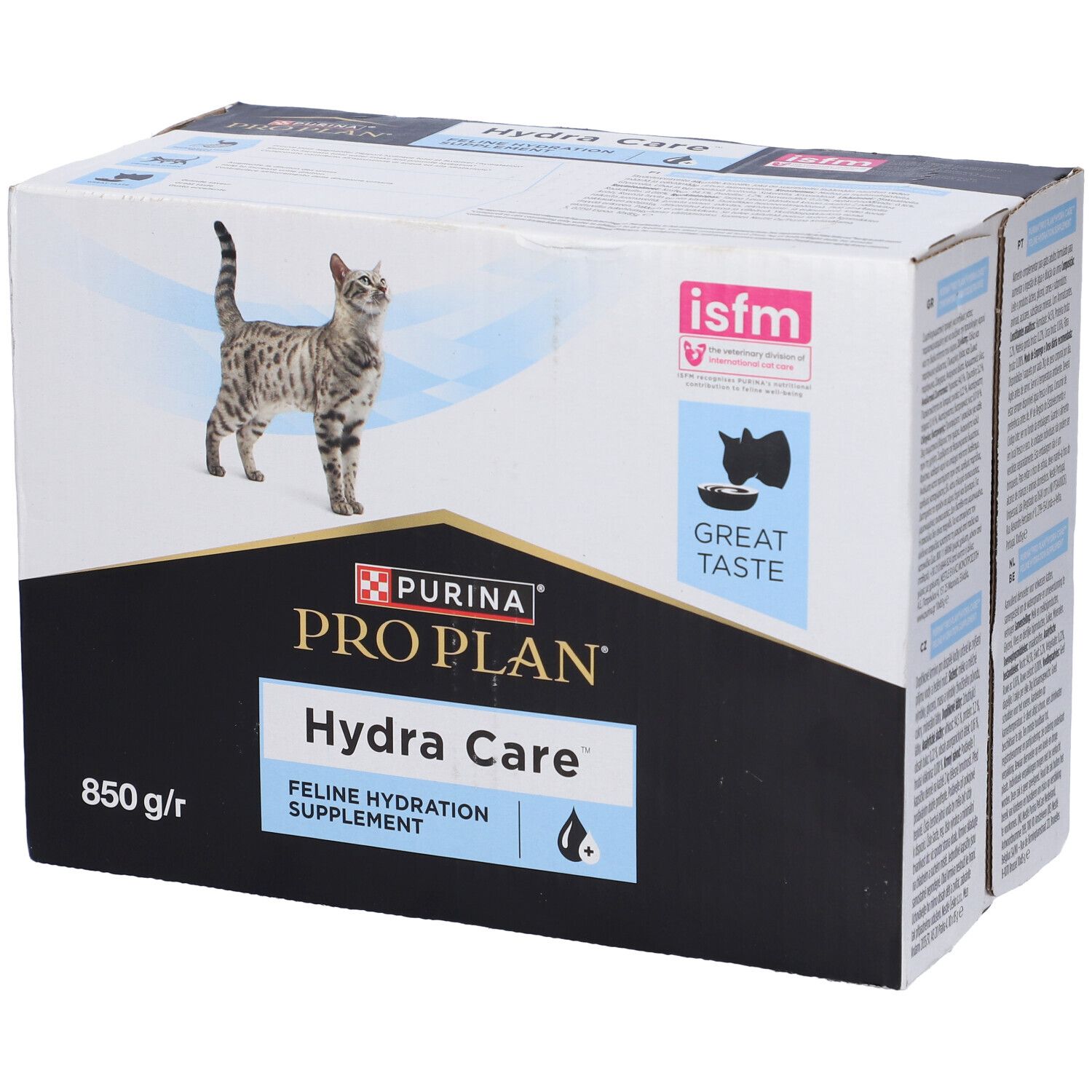 Confezione Pro Plan Hydra Care. Sfondo nero. Scritto: Feline Hydration Supplement. Certificazione ISFM.