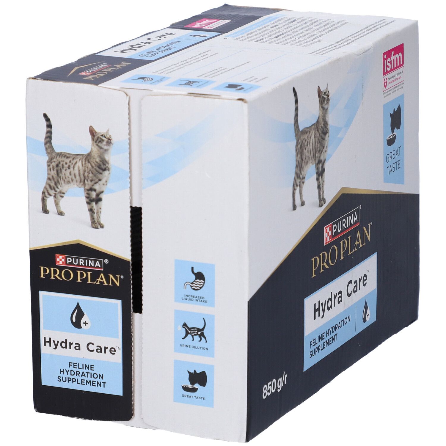 Confezione Pro Plan Hydra Care. Scritto: Feline Hydration Supplement. Certificazione ISFM. Immagine di un gatto.