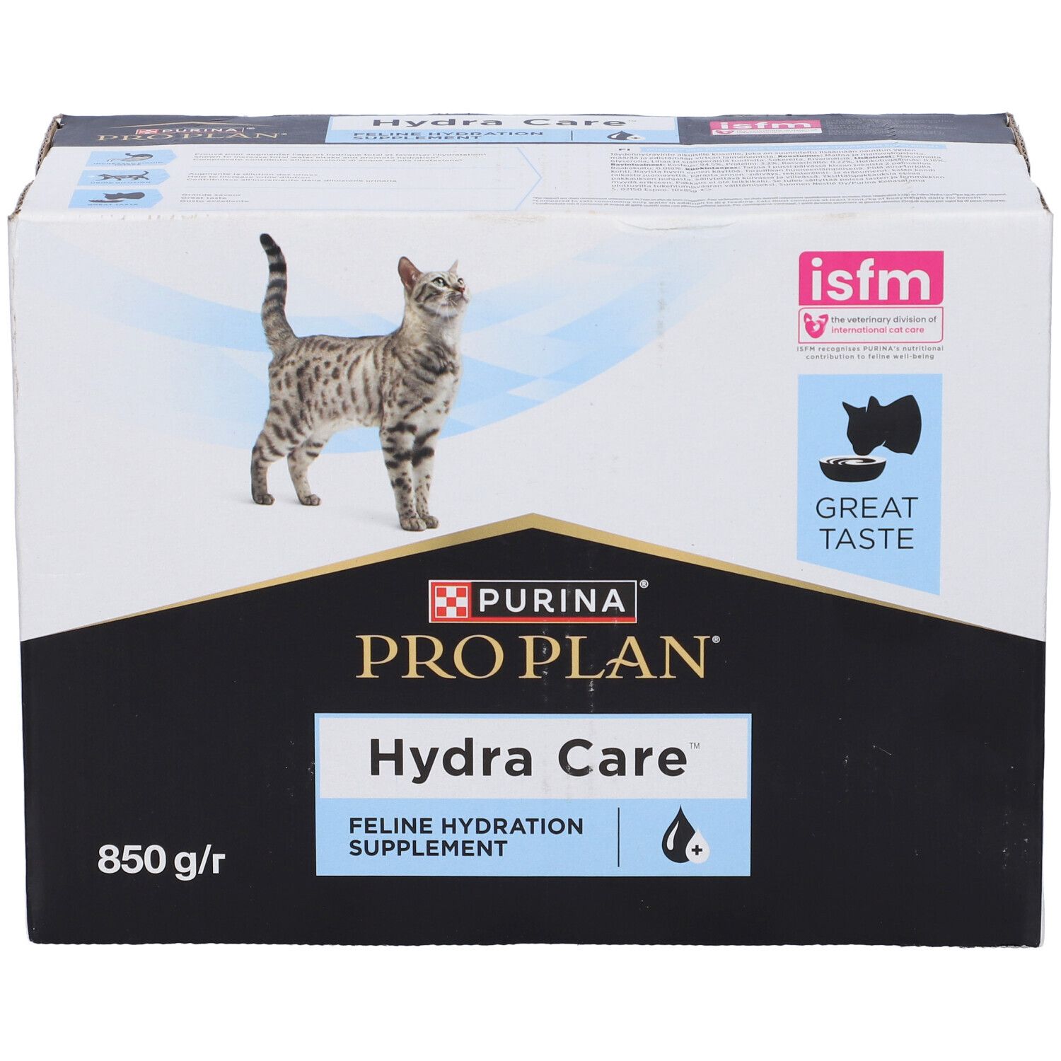 Confezione Pro Plan Hydra Care. Sfondo nero. Scritto: Feline Hydration Supplement. Certificazione ISFM.