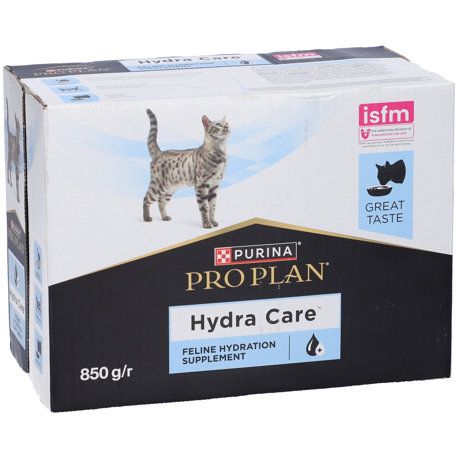 Confezione Pro Plan Hydra Care. Sfondo nero. Scritto: Feline Hydration Supplement. Certificazione ISFM.