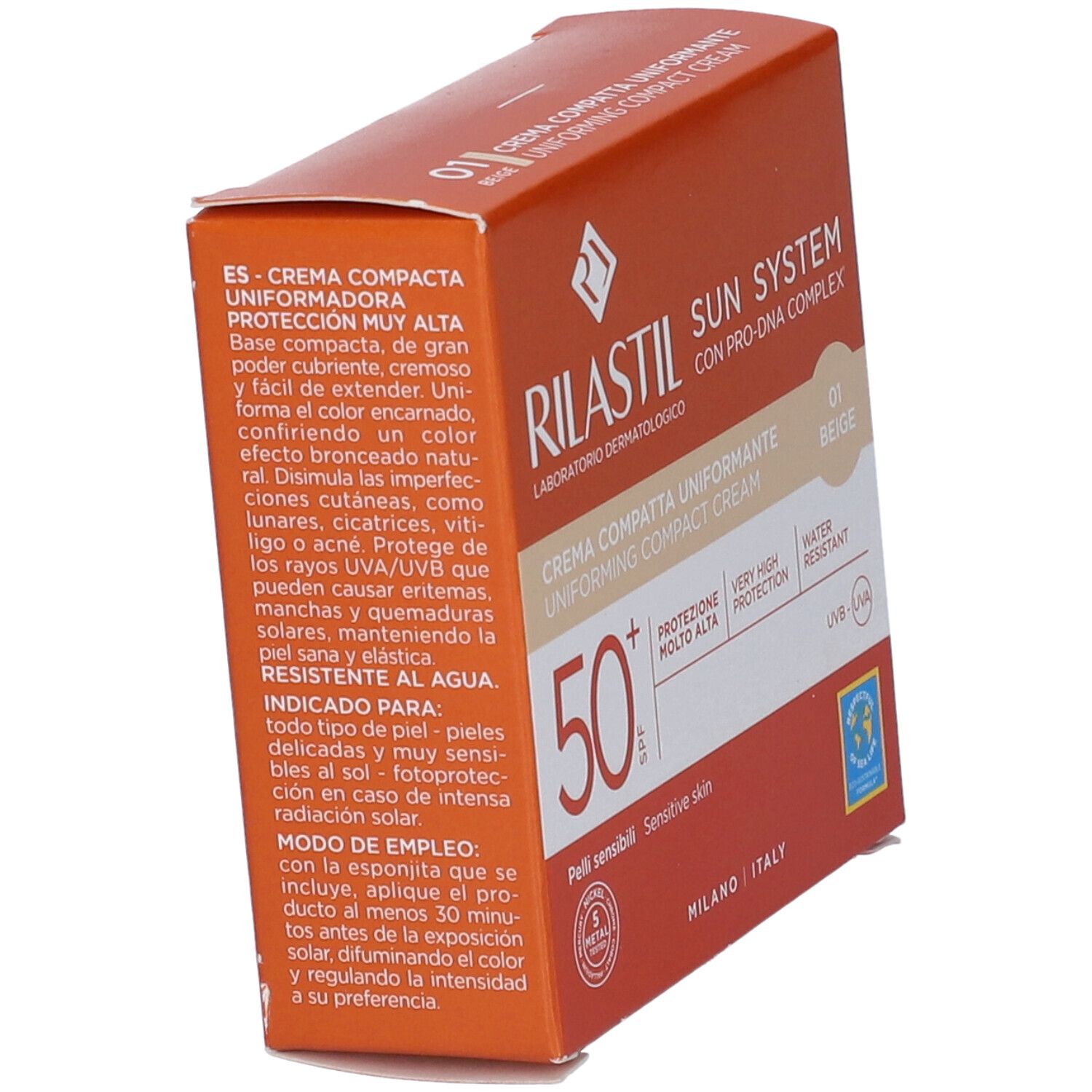 Confezione inclinata. Rilastil Sun System crema. SPF 50+, Beige. Testo visibile.