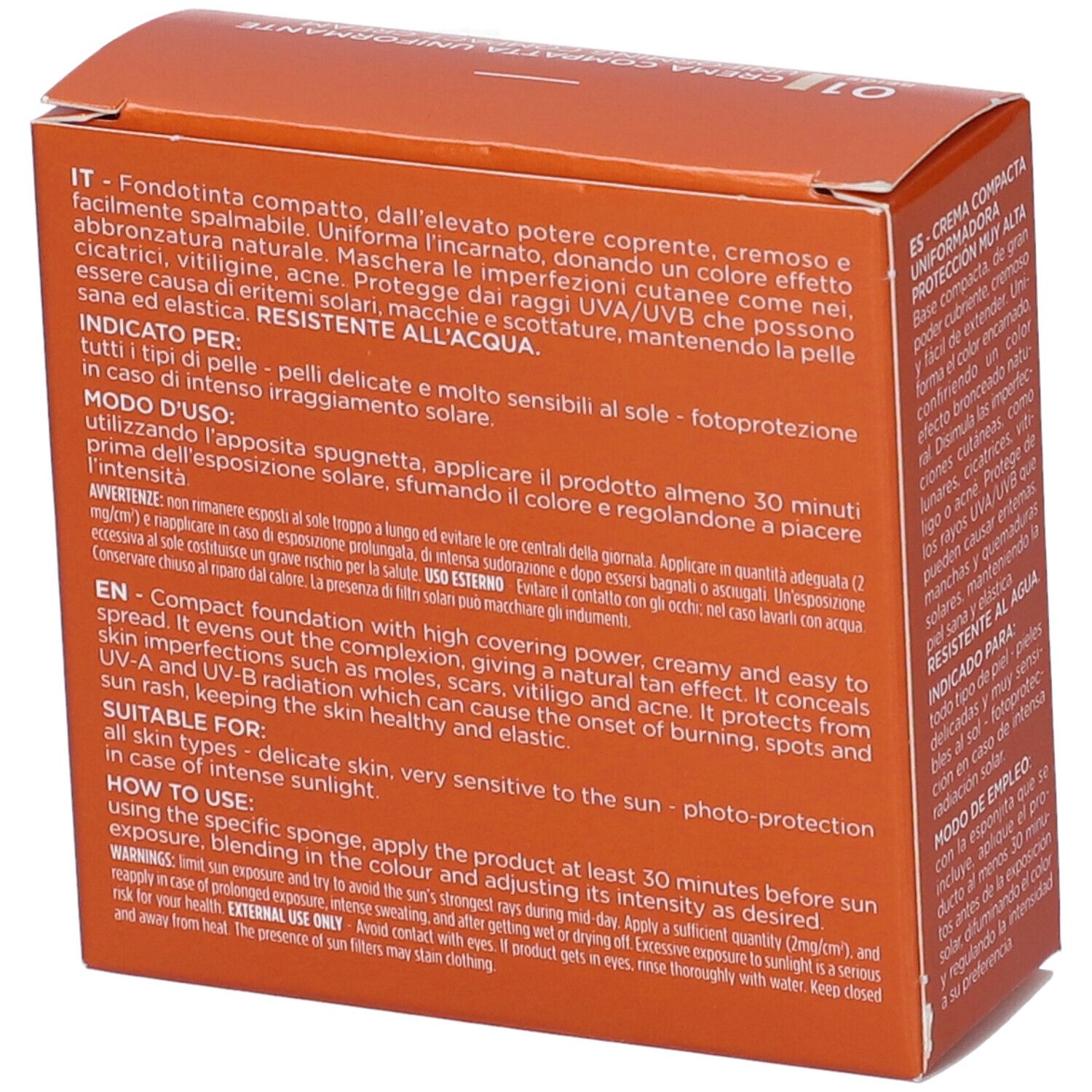 Retro della confezione. Testo multilingue. Rilastil Sun System crema.