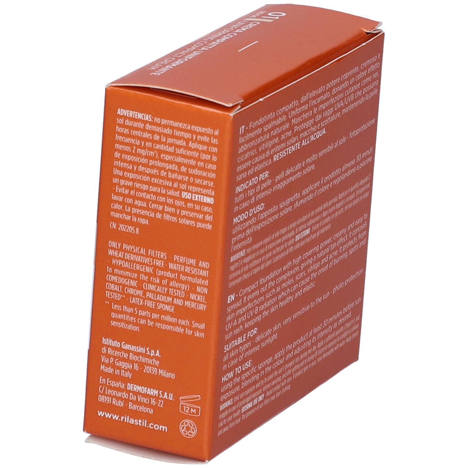 Retro della confezione. Testo multilingue. Rilastil Sun System crema.