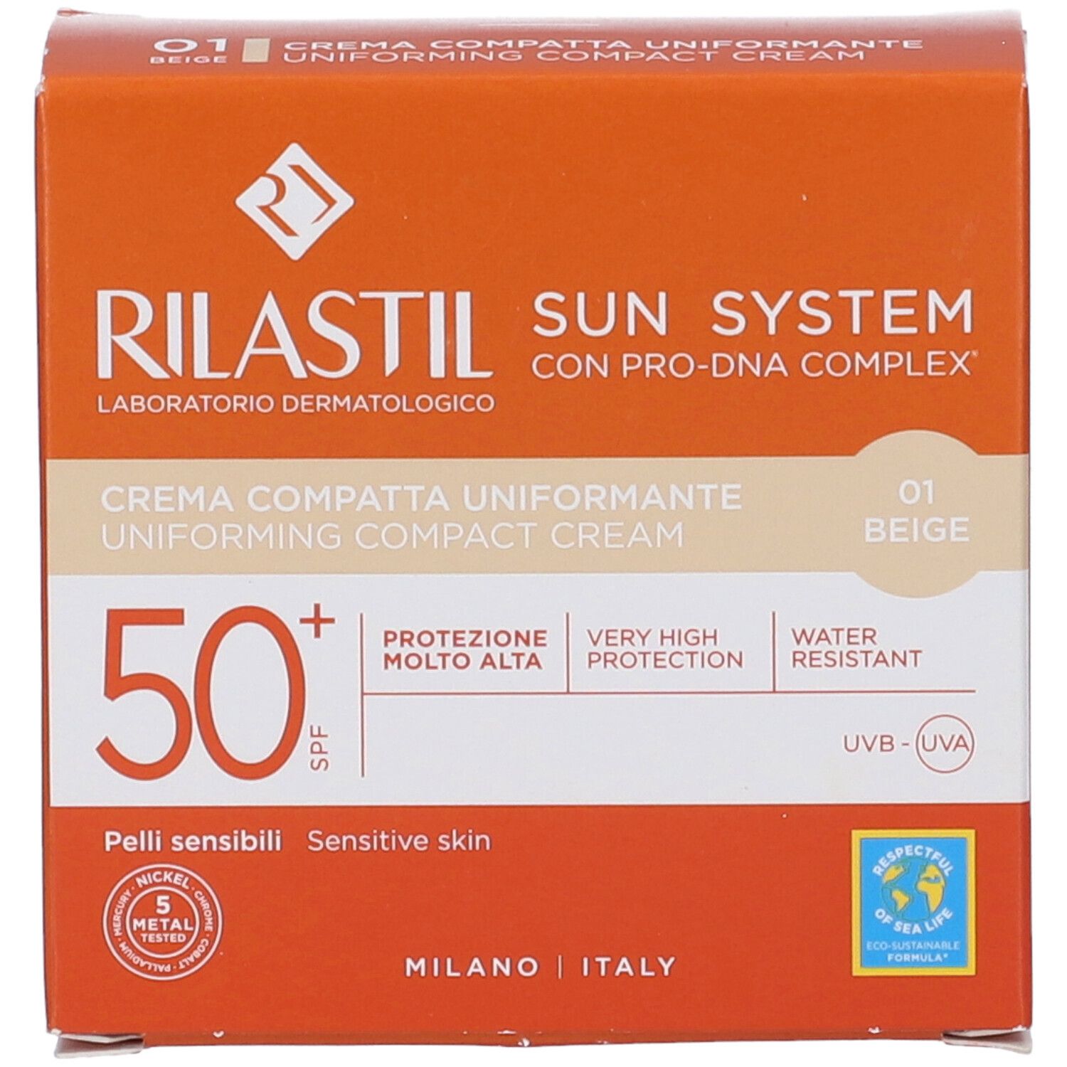 Scatola Rilastil Sun System crema. SPF 50+, Beige. Testo sulla confezione.