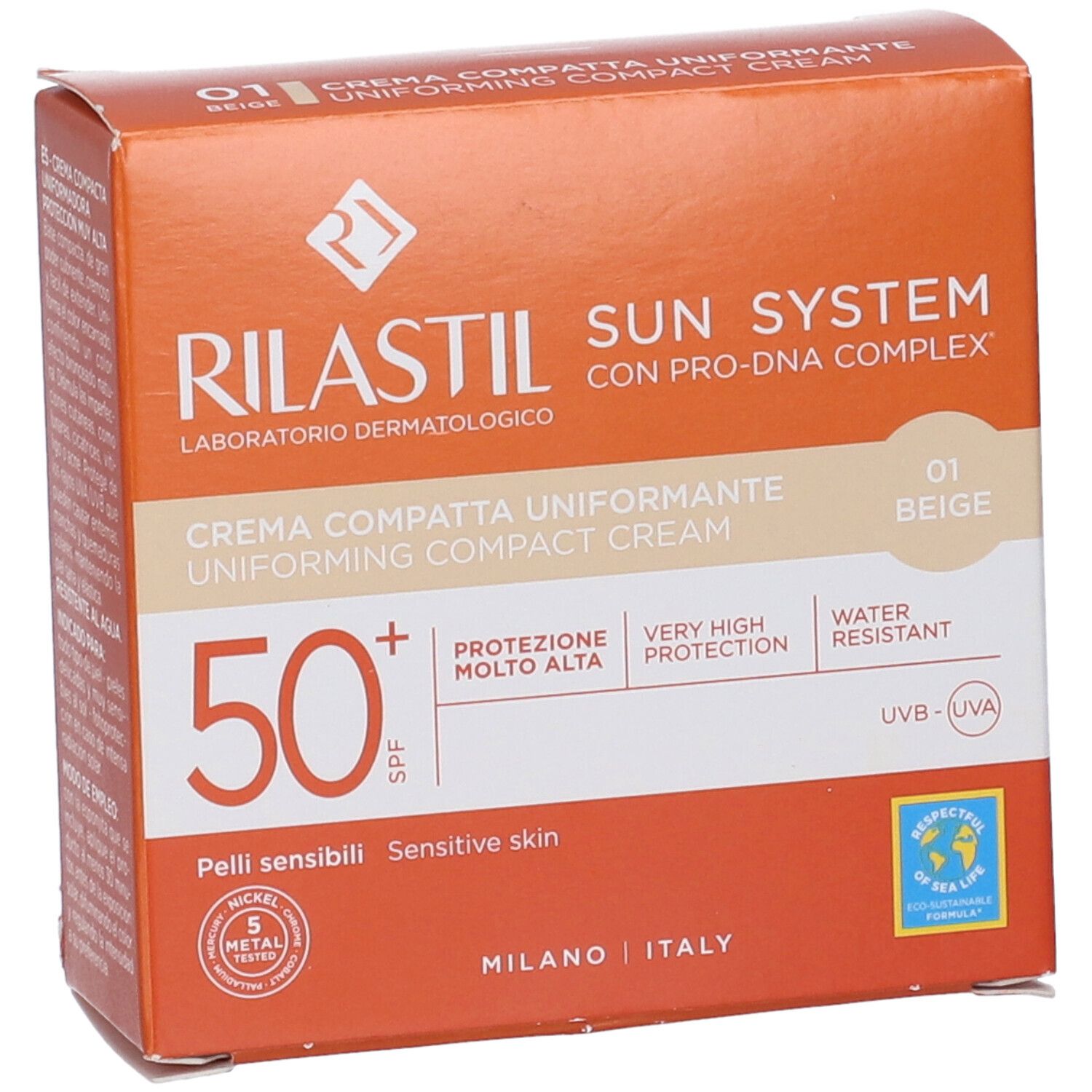 Scatola Rilastil Sun System crema. SPF 50+, Beige. Testo sulla confezione.
