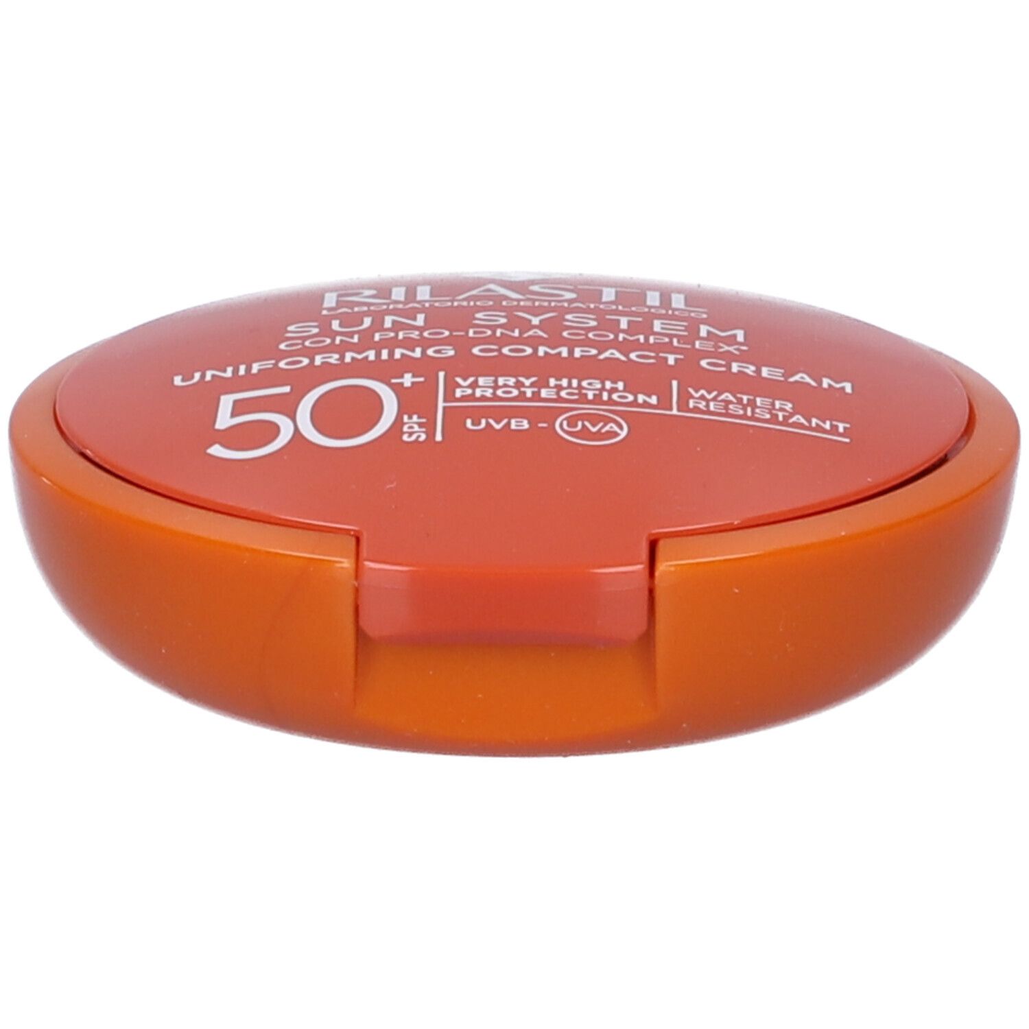 Kompaktcreme mit LSF 50+ in orangefarbener Dose.