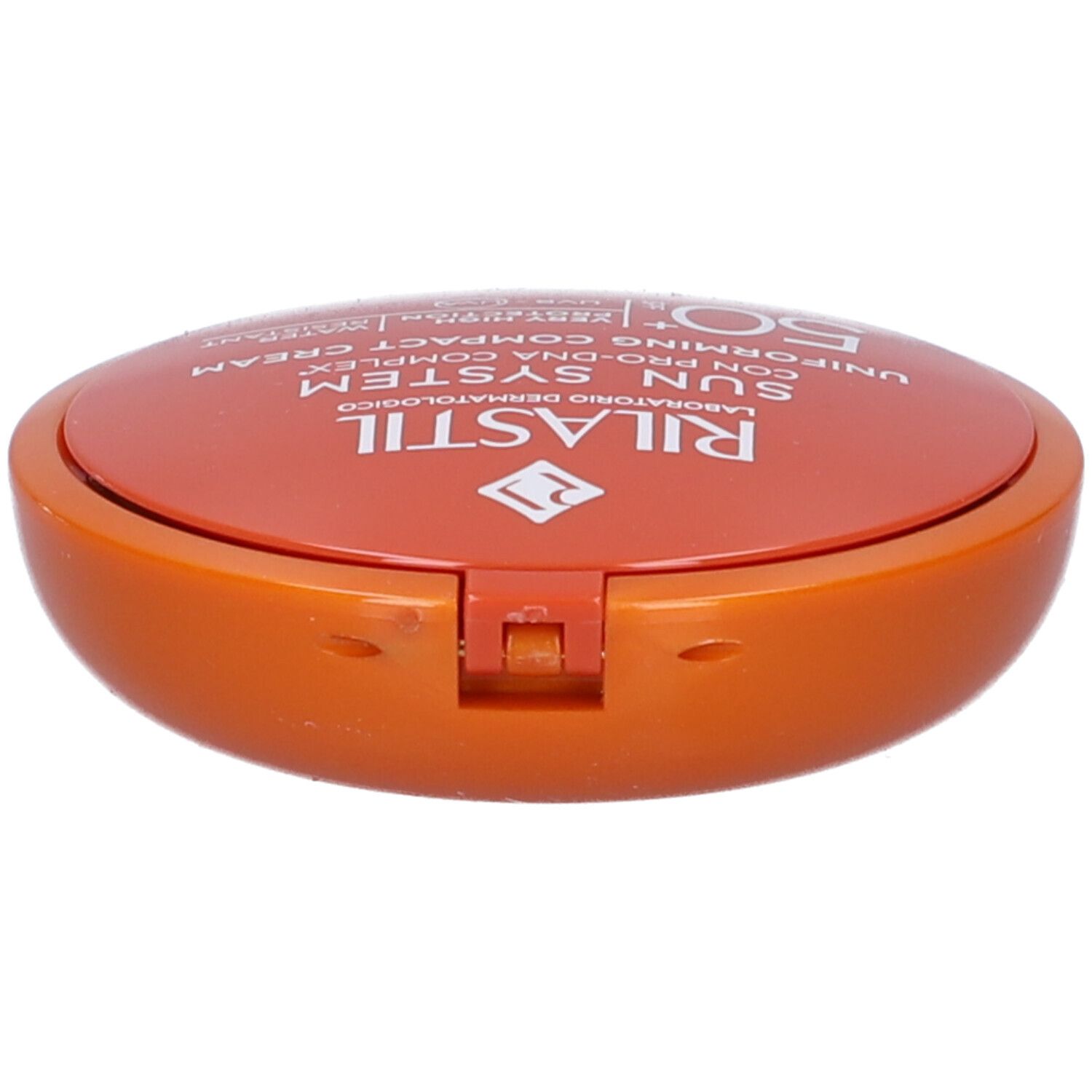 Kompaktcreme mit LSF 50+ in orangefarbener Dose, Seitenansicht.