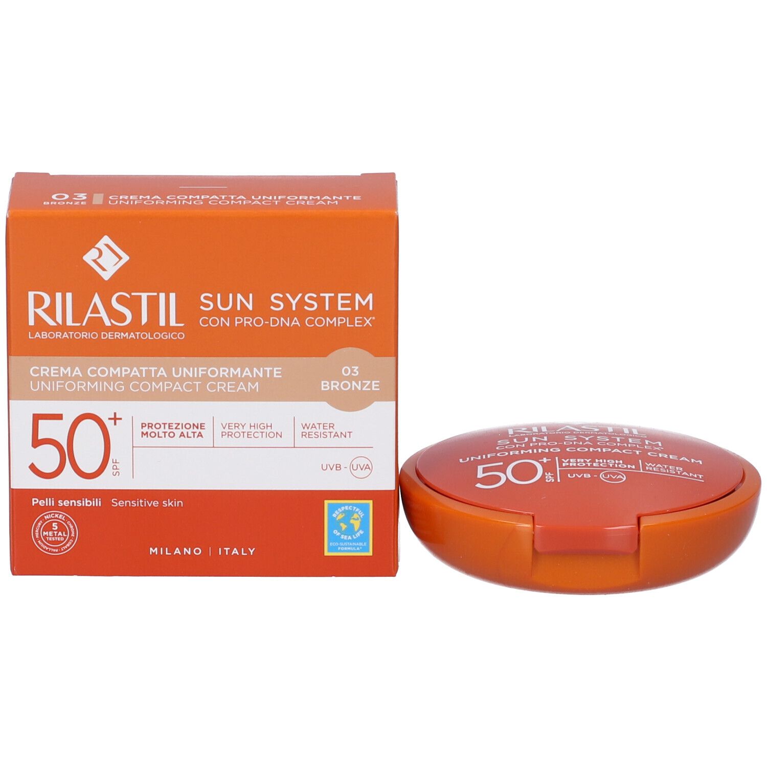 Verpackung und Dose der Rilastil Sun System Kompaktcreme LSF 50+ Bronze.