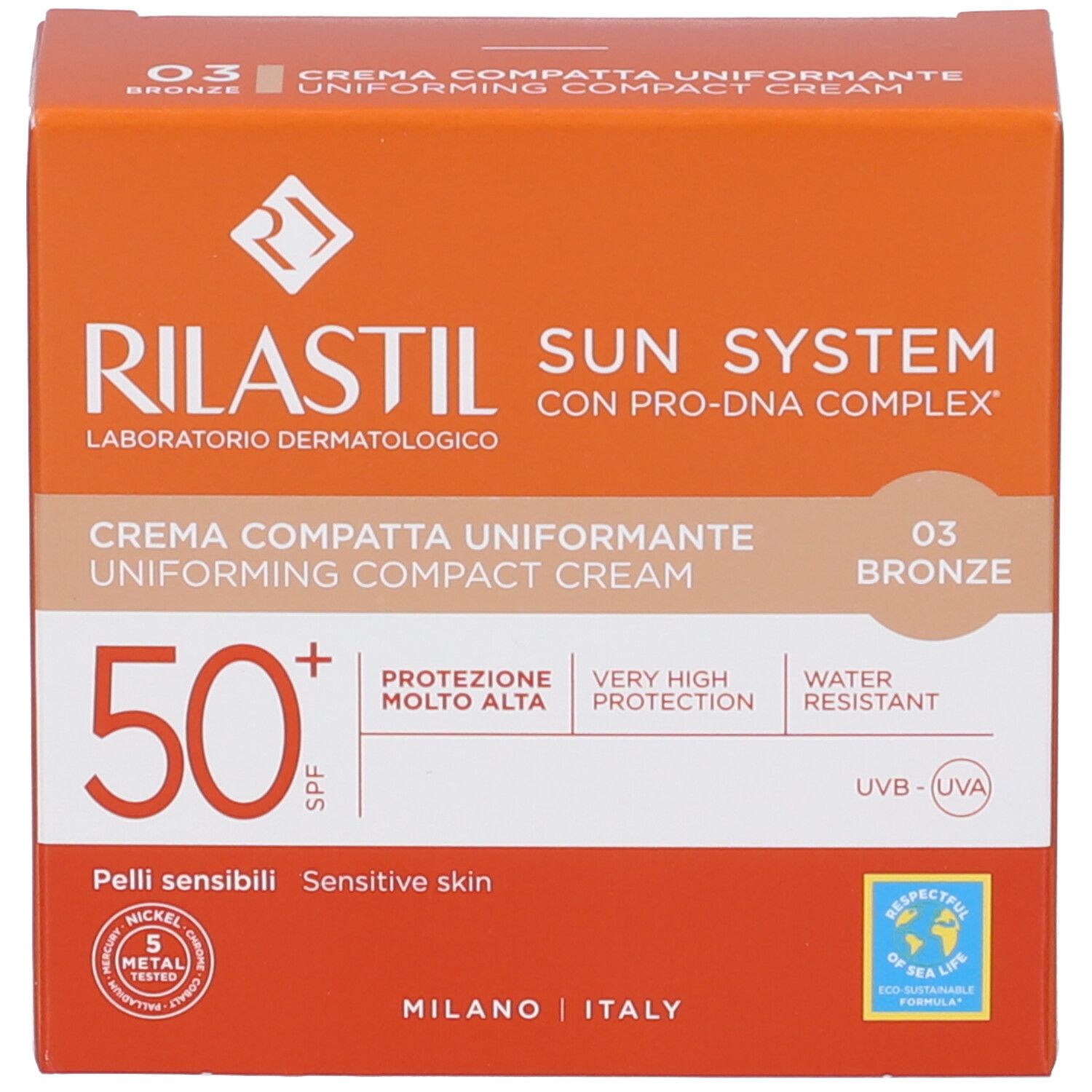 Verpackung der Rilastil Sun System Kompaktcreme LSF 50+ Bronze, Farbton 03.